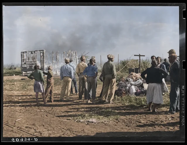Simulated AI colorization of Marion Post Wolcott's house-fire photograph.