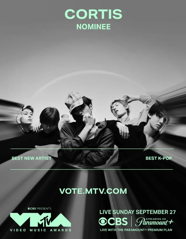 CORTIS 入围 2026 MTV VMA 的通稿宣传图,标注 Best New Artist 与 Best K-Pop