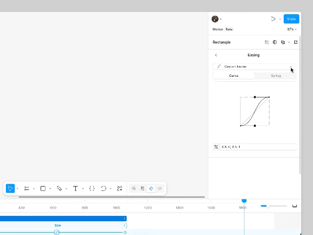 Figma Motion easing editor — 'Custom bezier' selected, Curve/Spring tabs, S-curve with two draggable control points at (0.5, 0, 0.5, 1), Easing panel floating above the timeline