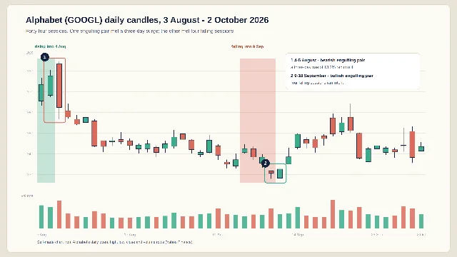 A daily candlestick and volume chart of Alphabet from 3 August to 2 October 2026, with two candle pairs boxed and numbered and two shaded bands marking the sessions that led into each one.