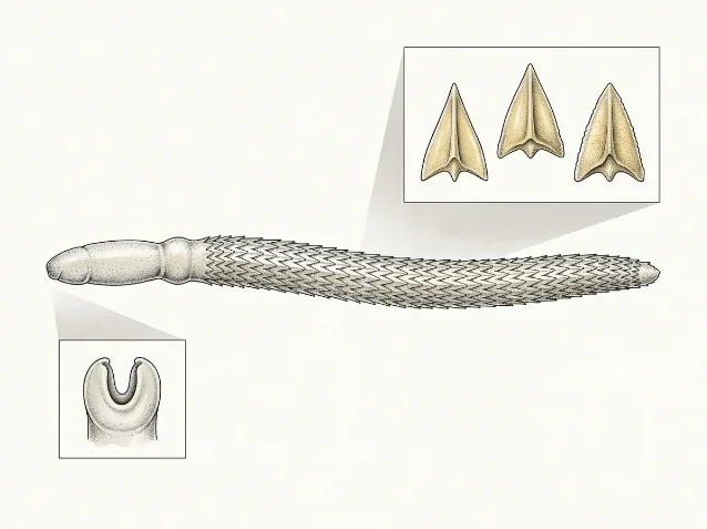 Scientific illustration of *Falcidens porrectus*: full lateral body view showing vermiform trunk covered in arrow-shaped sclerites, with two detail insets showing individual sclerites (upper right) and the U-shaped oral disc (lower left)