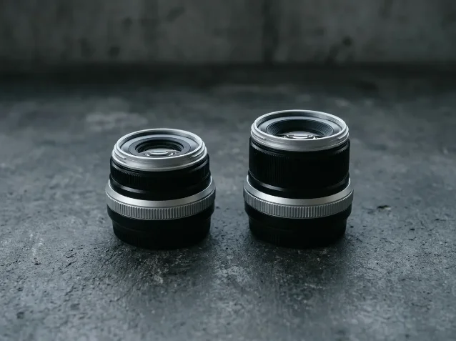 Two compact Fujifilm X-mount silver-ring prime lenses side by side on dark concrete