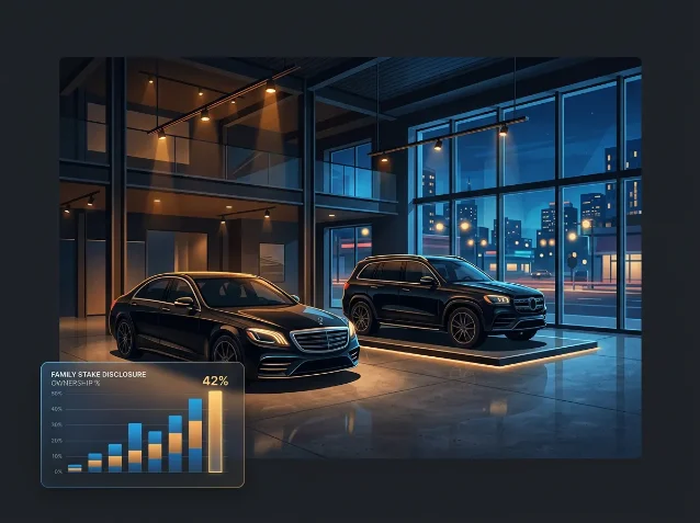 Luxury automotive showroom at night with 42% ownership stake chart overlay