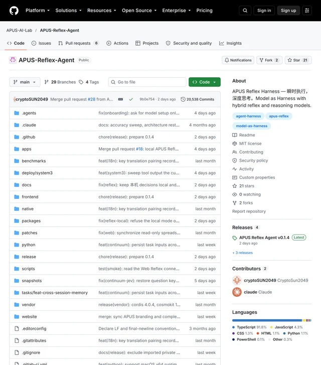 GitHub 上 APUS-Reflex-Agent 的仓库首页