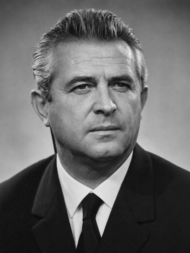 Vintage portrait of a 1960s football manager in suit and tie — AI-generated illustration