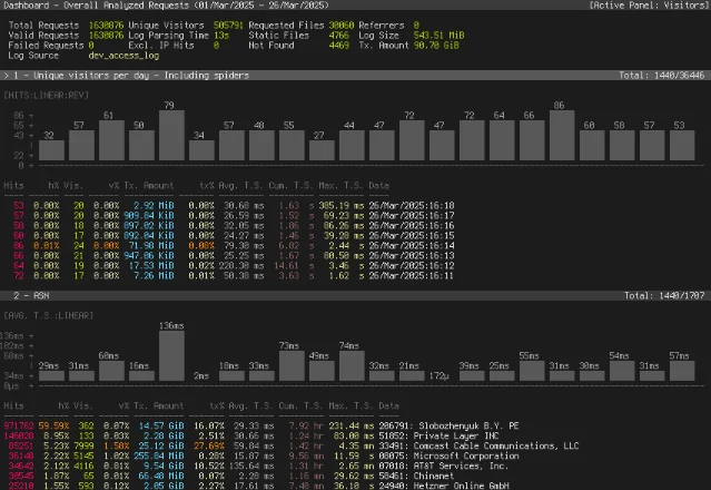 GoAccess terminal interface showing the real-time log analysis dashboard with visitor stats, hits, and ASN breakdown