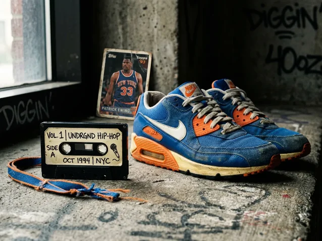Knicks blue-and-orange Nike Air Max 90 beside a hand-labeled underground hip-hop cassette tape, worn Patrick Ewing basketball card leaning against wall, concrete floor with graffiti
