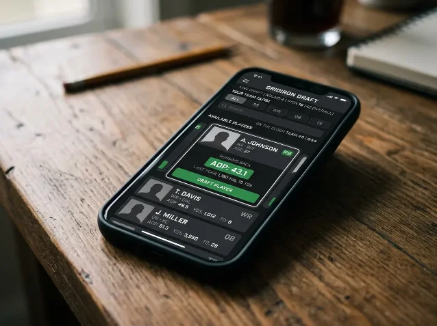 Fantasy football draft app showing ADP values on a smartphone screen