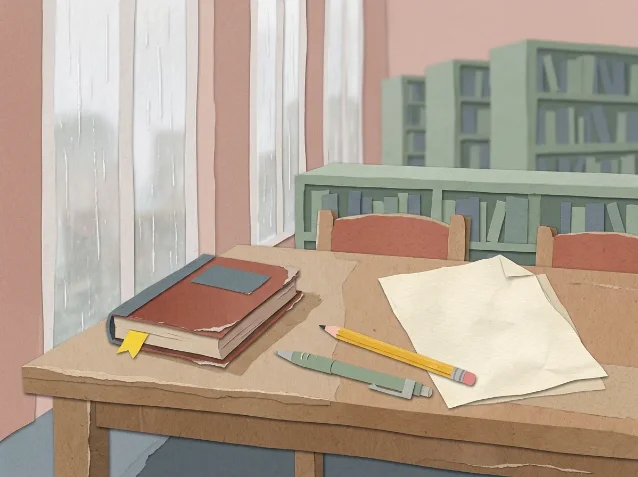 A rainy library table with two pencils and a draft