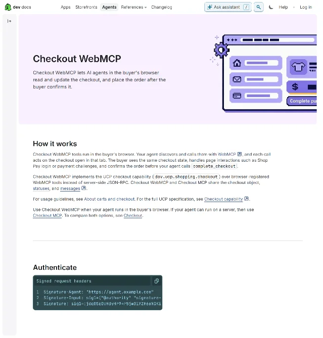 Shopify 开发文档「Checkout WebMCP」页面截图,说明 agent 可读取和修改结账并在买家确认后下单
