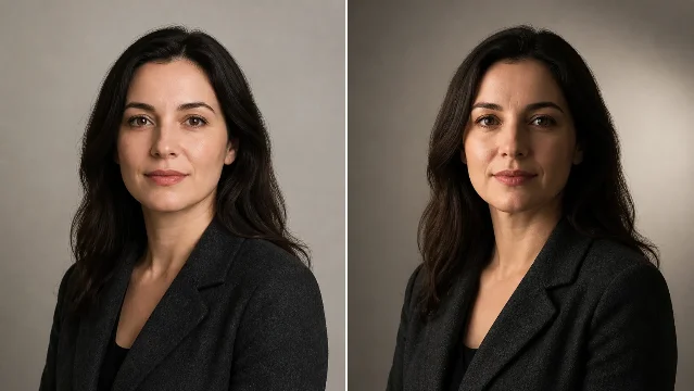 Side-by-side portrait comparison: even frontal softbox light on the left and a feathered softbox beam on the right