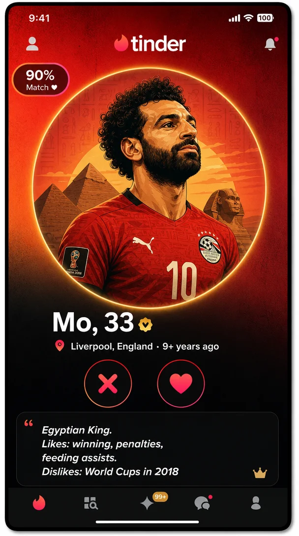 TINDER BIO #014: Mohamed Salah — Mo, 33 📍 Egypt · Looking for World Cup Magic