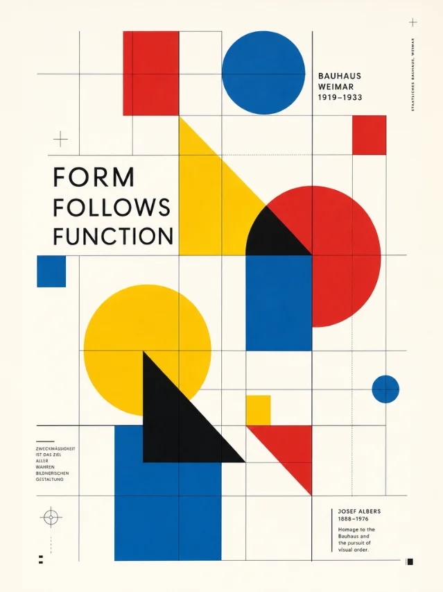 Bauhaus geometric art poster — Form Follows Function, Weimar 1919–1933, primary color geometric grid on cream