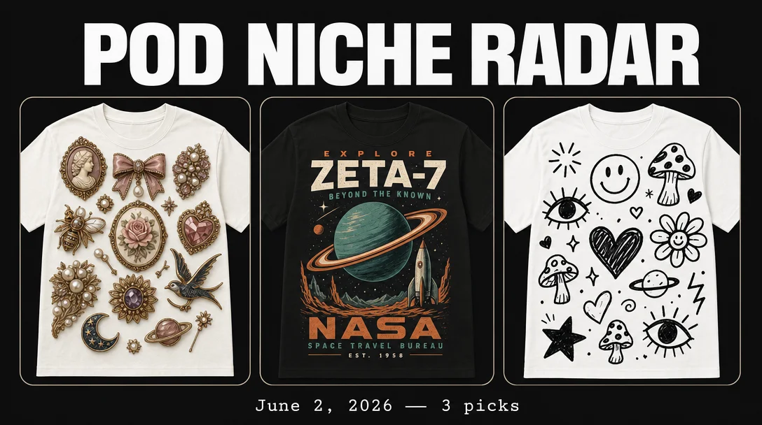 POD Niche Radar — Brooch Aesthetic, Aliencore, Naive Doodle Art