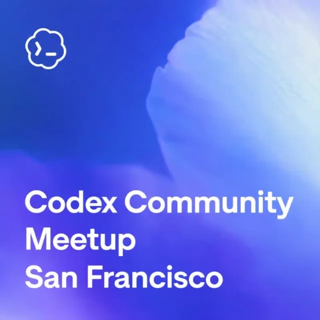 Codex Community Meetup SF poster — blue-purple gradient with cloud-wrapped code symbol icon