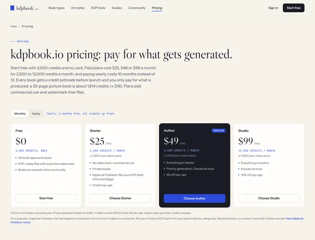 kdpbook.io 定价页，2026 年 10 月 22 日抓取，页脚标注价格更新于 2026 年 10 月 8 日