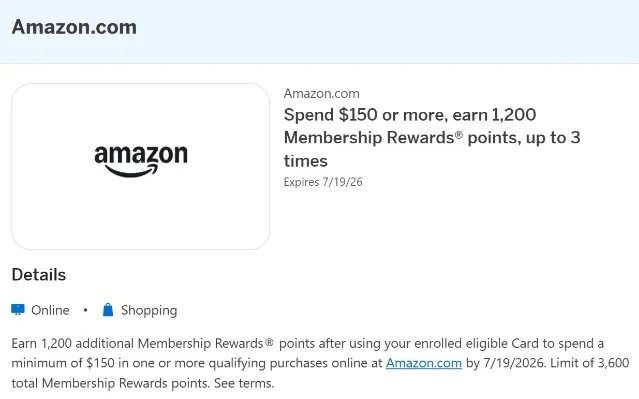 Amazon Amex Offer — $150 spend, 1,200 bonus Membership Rewards points