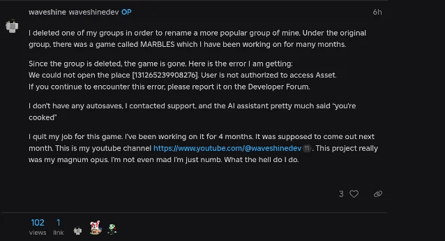 The opening post of a Developer Forum thread titled Everything's gone, quoting the error that blocks the place from opening
