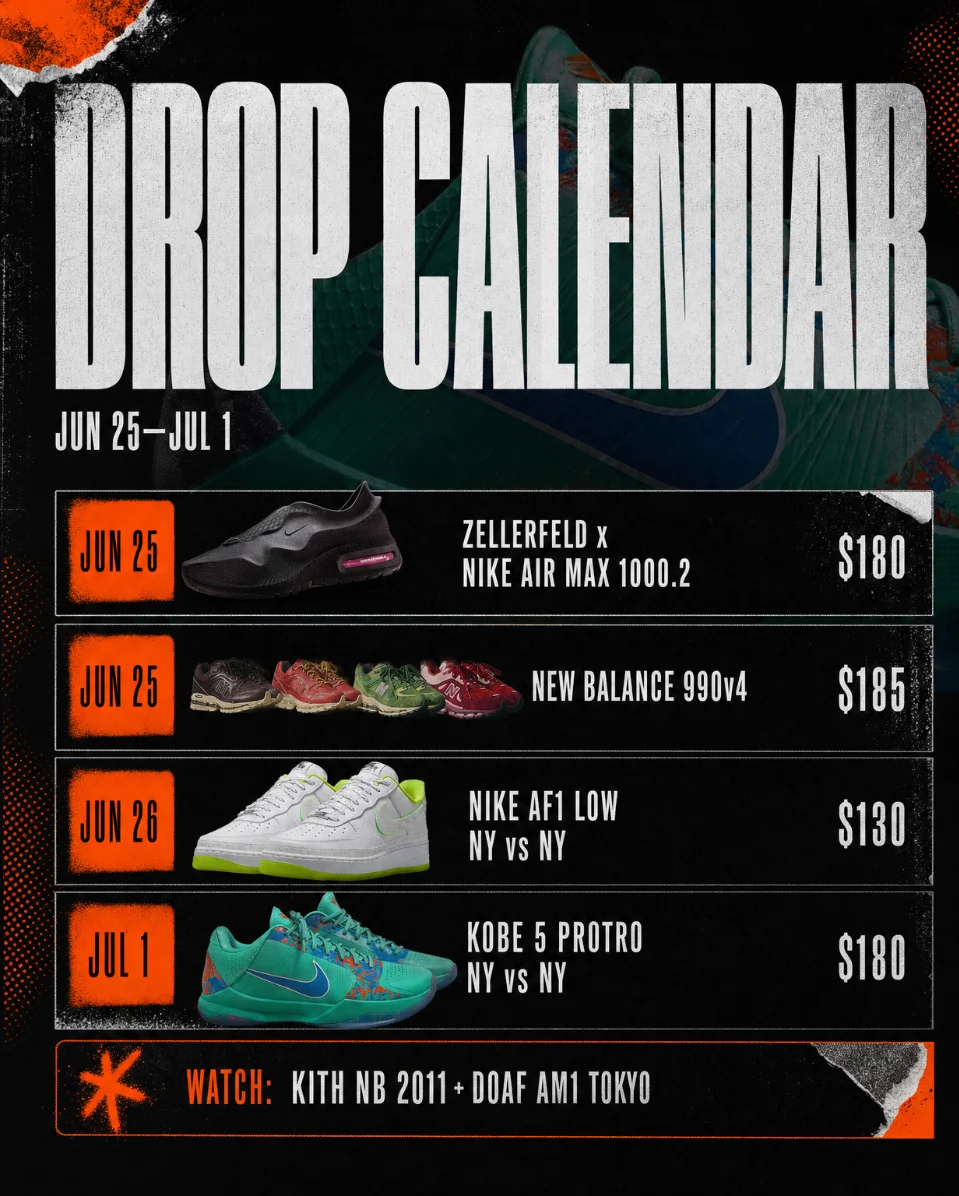 Jun 25–Jul 1 Drop Radar: Kobe 5 NY vs NY, Zellerfeld Air Max & Kith Watch