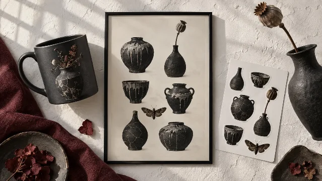 AI-generated product concept: dark charcoal mug printed with a glazed vessel, framed museum plate print of six black vessels, and a ceramic sticker sheet on a chalk wall