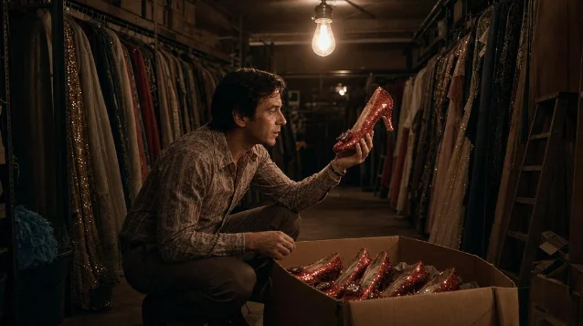 AI-generated illustration of a wardrobe storeroom discovery scene, circa 1970 — a figure examines a red sequined shoe under bare bulb light in a storage room full of vintage costumes.