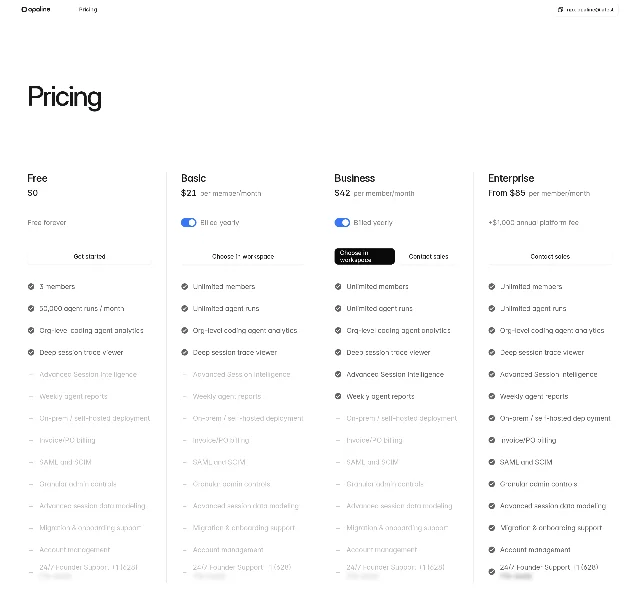 Opaline 定价页四档功能对照