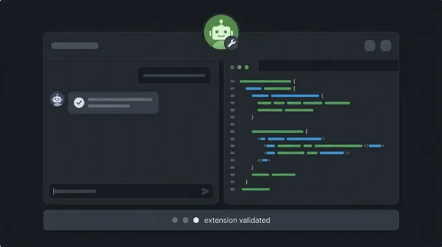 Dark-mode UI mockup showing a Sidekick assistant chat panel alongside a code editor, with an AI robot icon and "extension validated" status bar