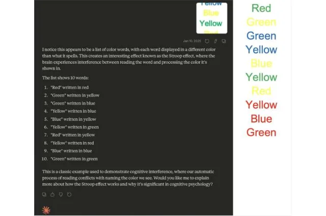 Claude 3.5 Sonnet correctly identifies a 10-word Stroop stimulus as a Stroop task and generates a word-color mapping table, but still achieves only 70% accuracy