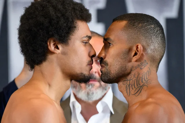Wilkens Mathieu and Esquiva Falcao face off at the Eye of the Tiger weigh-in, June 10