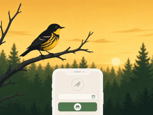 Flat illustration of a songbird on a branch with a citizen-science app interface below — representing the Cornell Lab of Ornithology's participatory science programs
