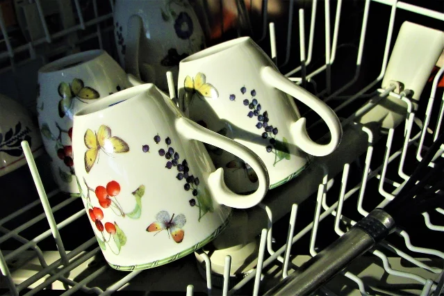 A mug angled inside a dishwasher rack