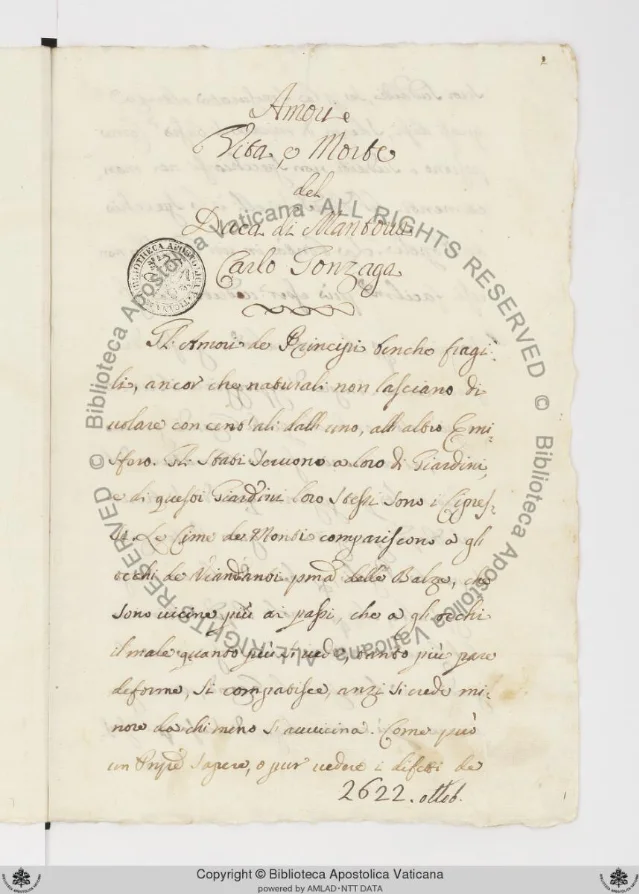 First folio (1r) of Ott.lat.2622, the start of the main biographical text, showing orderly handwritten Italian prose on cream paper
