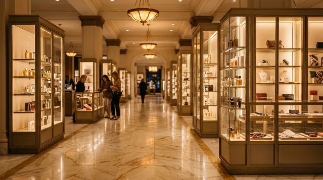 Elegant luxury department store interior with warmly lit glass display cases showing perfumes and accessories, shoppers browsing in soft focus background
