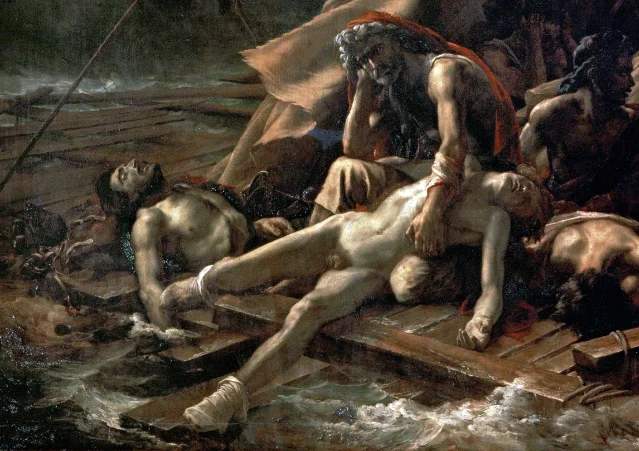 Detail: the old man and dead youth at the lower left of the canvas, echoing Ugolino from Dante's *Inferno*
