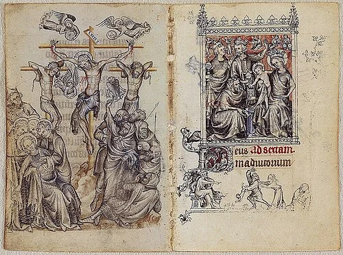 The Crucifixion of Christ (fol. 68v) facing the Adoration of the Magi (fol. 69r) — the fifth of eight Passion/Infancy pairs. Christ's robe and the Magi's garments show Pucelle's characteristic sculptural modeling in gray tones, with color reserved for architectural canopies and wings.