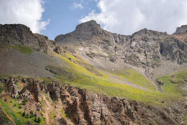 Rocky mountain peaks with narrow yellow wildflower bands on the upper slopes, scree field below, blue sky with light clouds