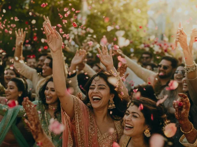 जश्न मनाती भीड़ — पंखुड़ियाँ हवा में