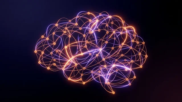 Spiking neural network rendered as a brain-shaped luminous graph with amber and violet pulsing nodes on deep indigo background