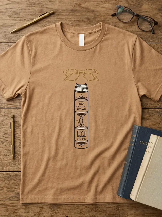 AI-generated concept: Literary Chic tee — wire-frame glasses above abstract book spines on a navy tee, restrained editorial palette