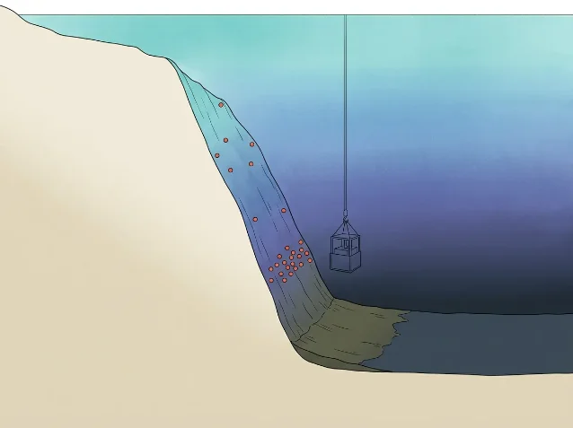 Bathymetric cross-section illustration of the Brazilian Atlantic continental margin, showing the shelf, steep slope with orange dots marking collection sites, dark deep-sea sediment at the base, and a box-corer descending on a cable from the water surface