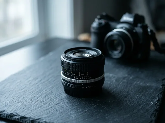 Nikon Z-mount compact prime lens on dark slate, cool window light