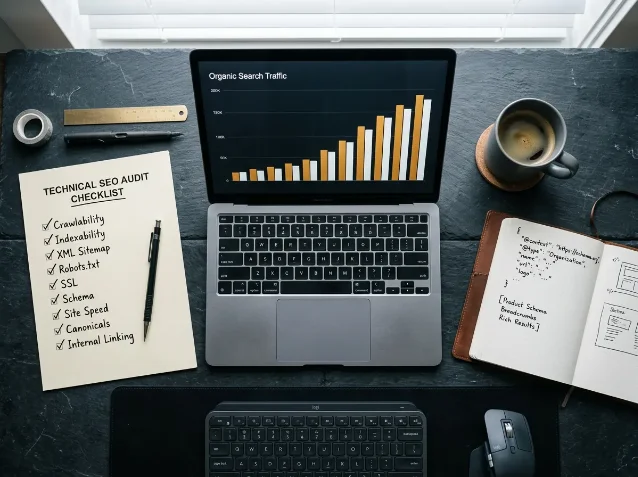 A flat-lay overhead view of an SEO workspace with a laptop showing an organic search traffic bar chart, a printed technical SEO audit checklist, and a notebook with schema markup notes on a dark slate desk