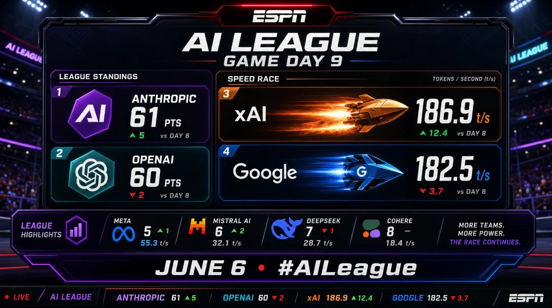 AI League — Game Day 9: Grok Tops the Speed Board, Claude and GPT Trim Again