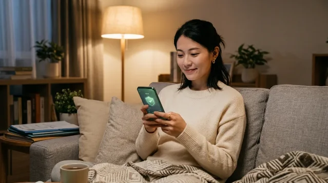 年轻中国女性在家中沙发上用手机管理医疗记录,屏幕显示绿色安全盾牌