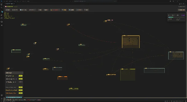 SYNAPSE canvas with Traffic Heatmap enabled — red edges highlight the most dependency-dense connections; a selected central node (bold red circle) anchors the N-hop focus view