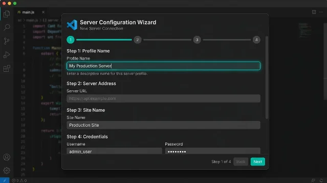 VS Code-style modal dialog showing Server Configuration Wizard with four numbered steps: Profile Name, Server URL, Site Name, and Credentials fields