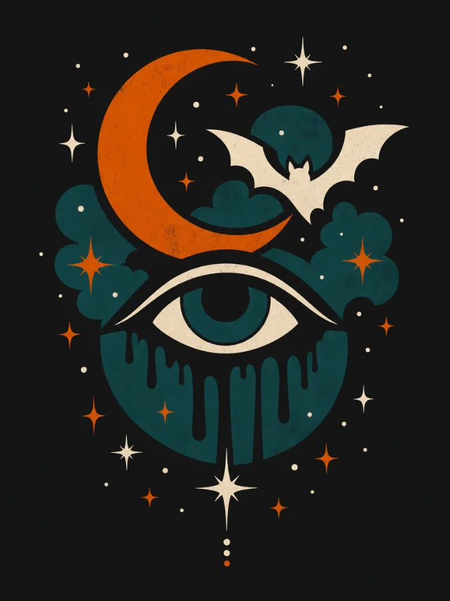 Retro Halloween minimal tee concept — crescent moon, dripping eye, bat in flight, retro palette on dark ground, screen-print aesthetic