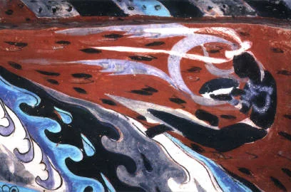 第 423 窟窟顶飞天与流动纹样局部，显示隋代壁画的线条和色彩组织 
