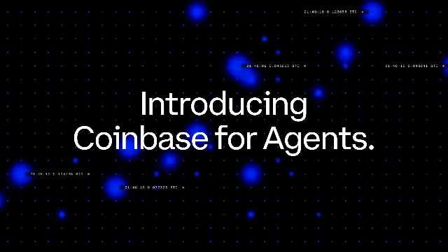 Coinbase for Agents launch visual — black dot-grid with blue orbs and the product title