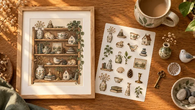 Framed trinket shelf illustration in sepia and sage with a matching miniature-collectible sticker sheet, a mug and small ceramic trinkets on oak